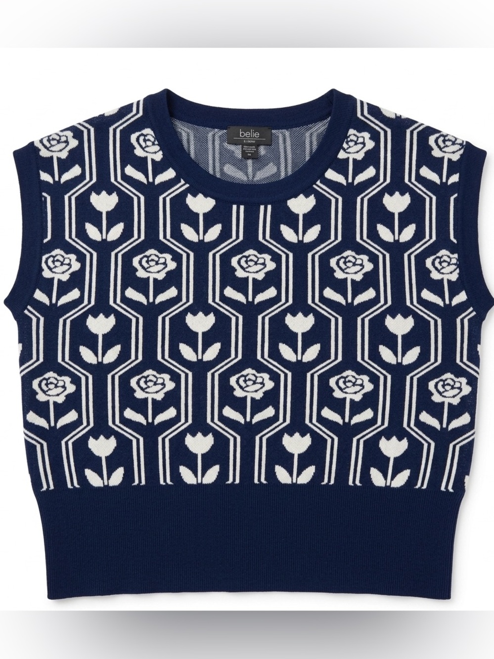 Belle by Belldini Navy and White Floral Knit Crewneck Sweater Vest Size L